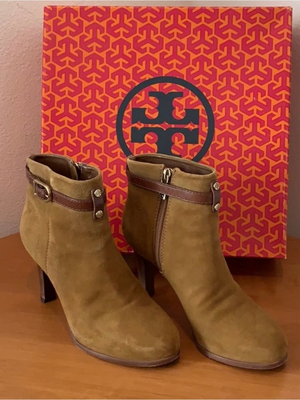 Tory Burch Olive Suede Ankle Booties with Brown Leather Buckle